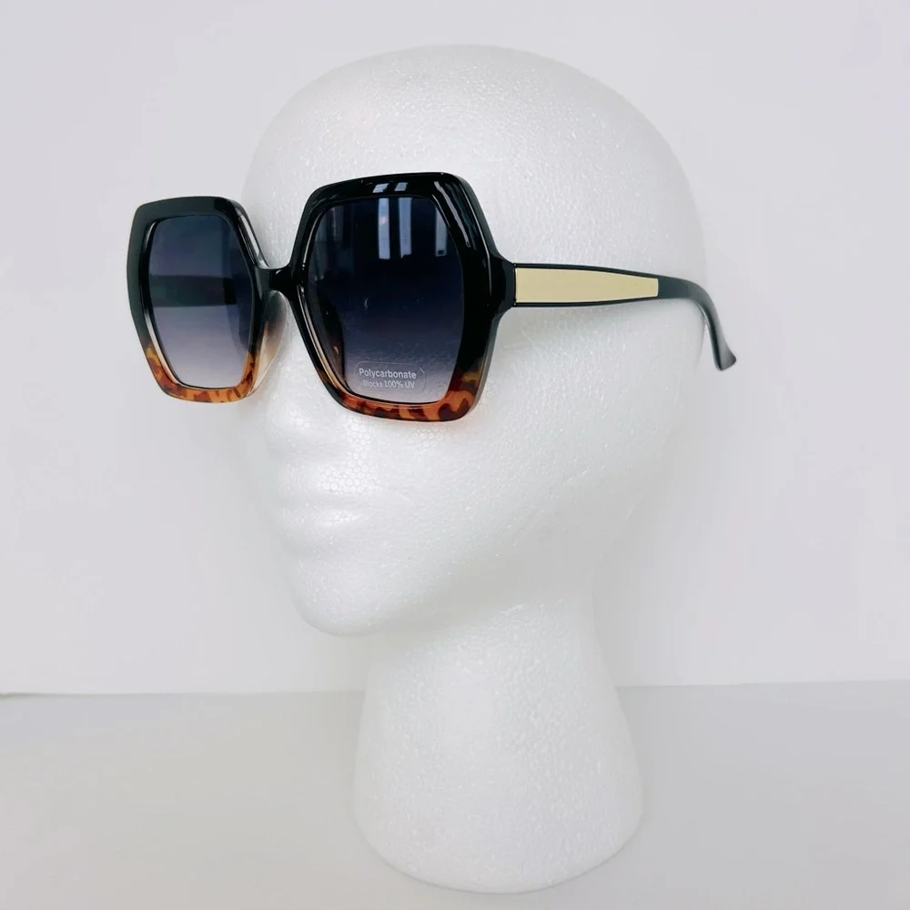 Sunglasses Women's Black Leopard With Gold Hexagon Shaped Oversized Shades NEW